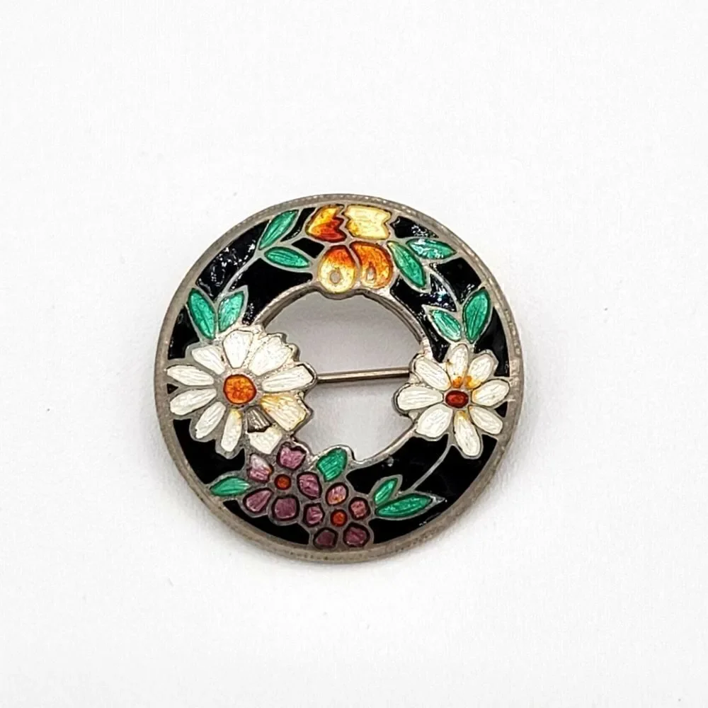 Cloisonne Vtg Gold Toned Multi Color Flowers Leaves Pin / Brooch 2